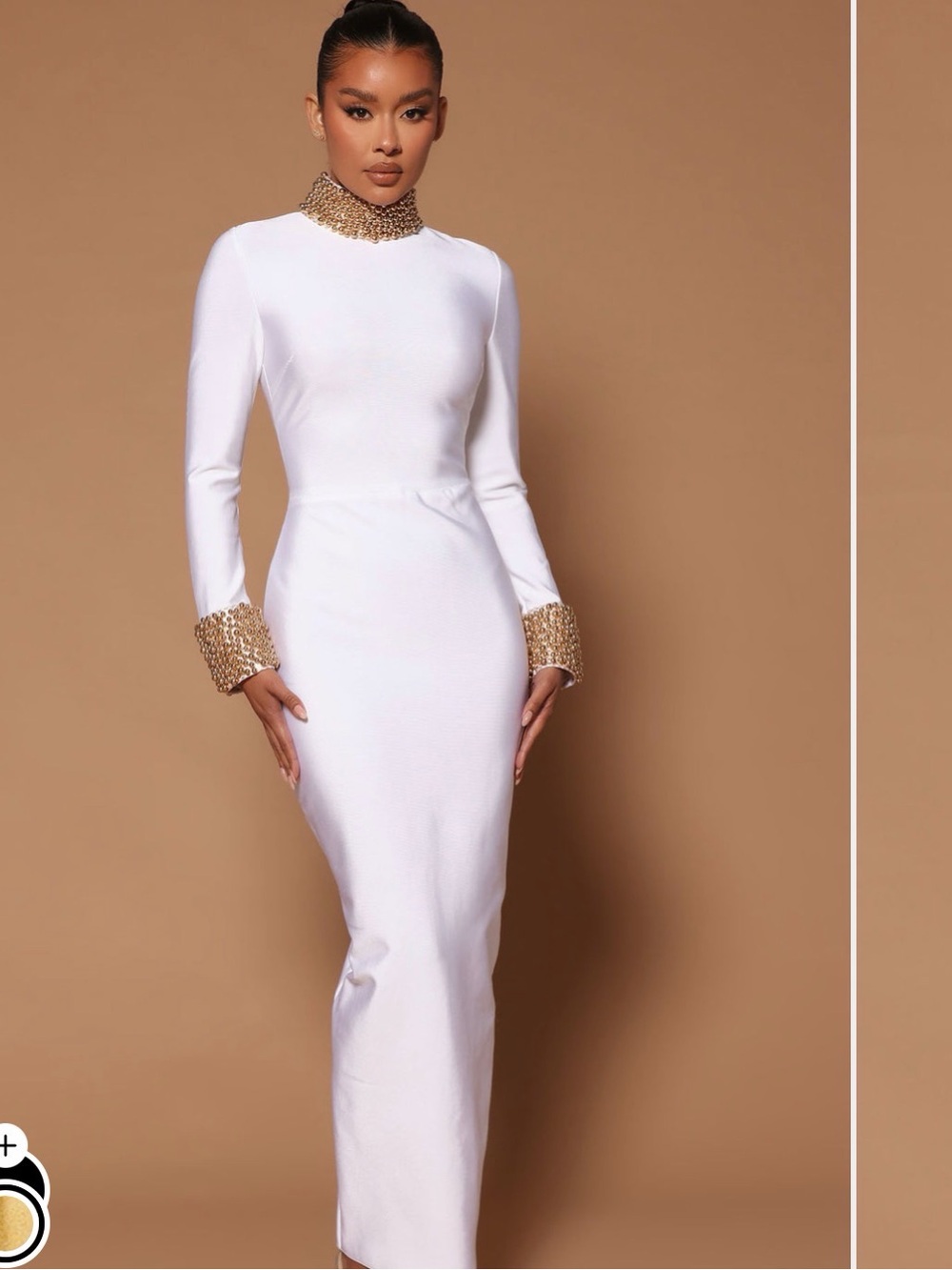 Elegant White Long-Sleeve Column Dress with Gold Beaded Trim